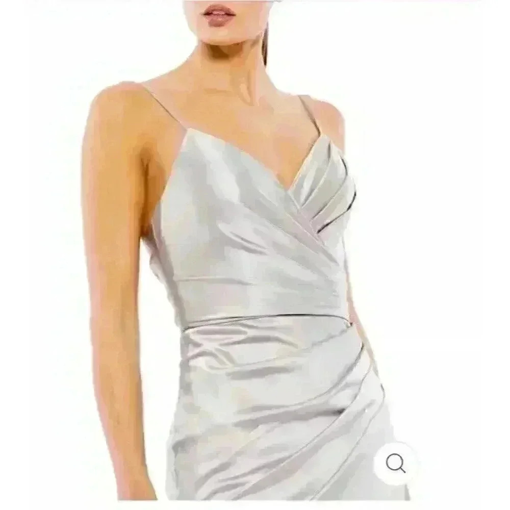 New Mac Duggal Satin Sleeveless Faux Wrap Ruched Gown Platinum Silver Size 2 - Picture 3 of 10